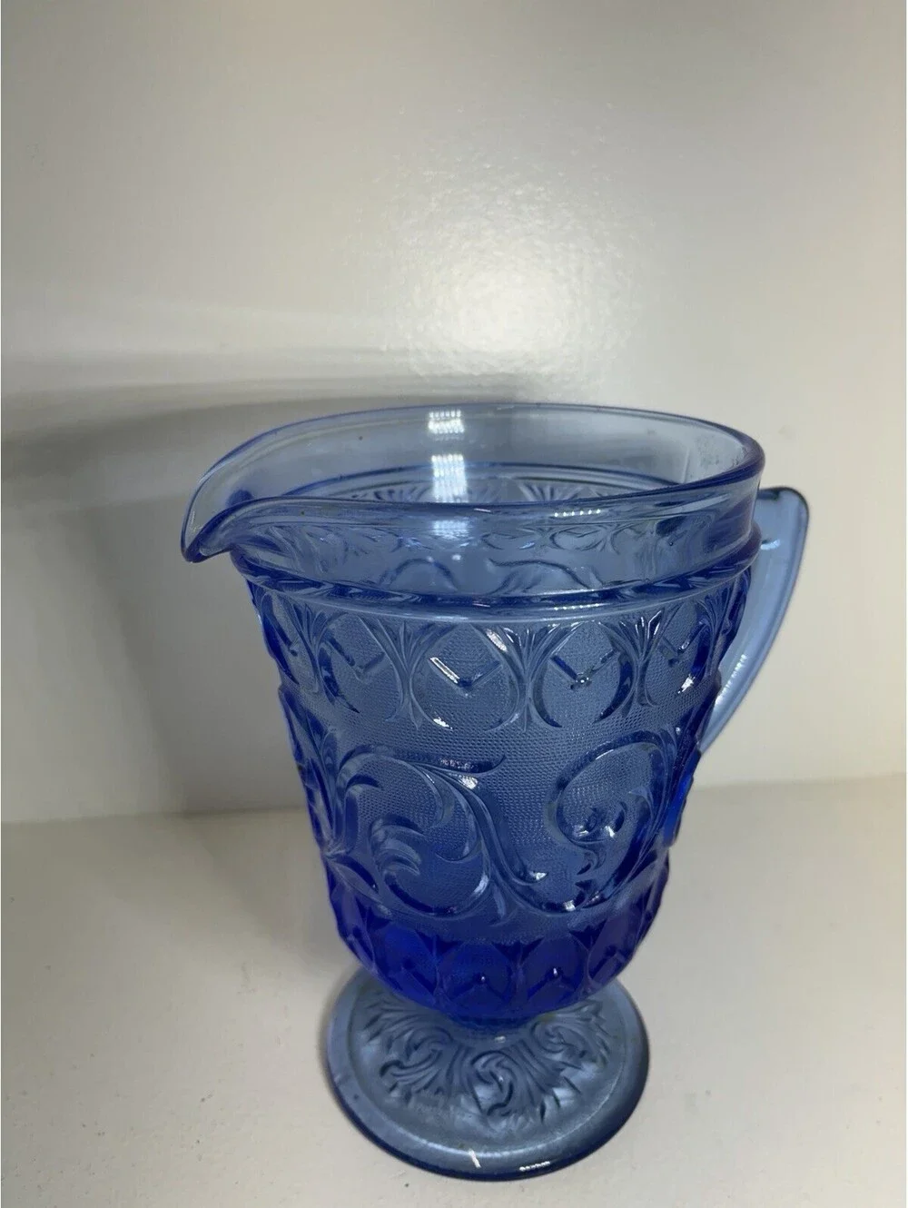 Vintage COBALT BLUE PEDESTAL PITCHER - Sandwich Glass Raised Scroll Work Pattern